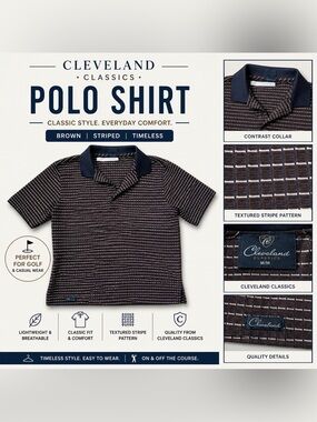 Cleveland Classics Polo Shirt Men M Brown Striped Golf Casual